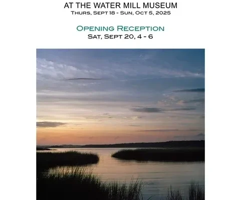 Exhibit poster with sunset landscape image.